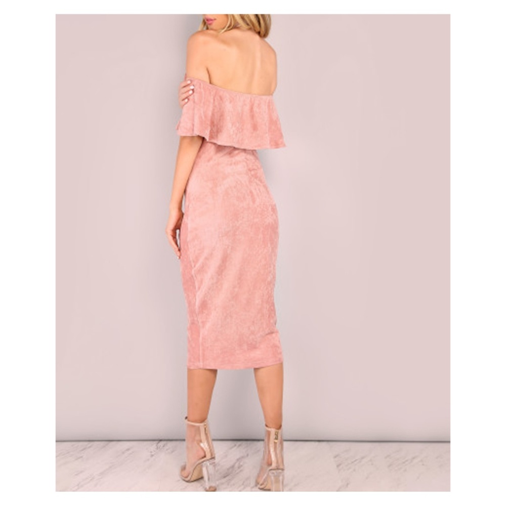 Pink Faux Suede Off the Shoulder Ruffle Midi Dress - Picture 3 of 4